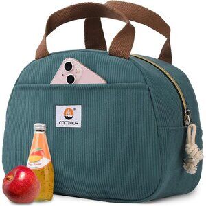 Cute Corduroy Lunch Box for Women & Teens, Insulated Tote for Work/Travel Green